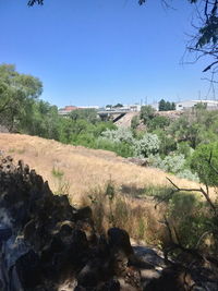 Scenic view of landscape against clear blue sky