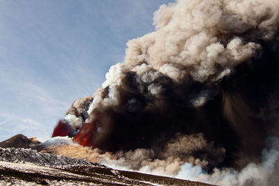 Smoke emitting from volcanic mountain against sky