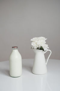 Close-up of white flower in vase on table against wall