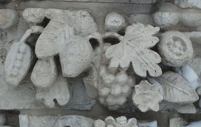 High angle view of carvings on rock