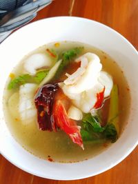 High angle view of soup in bowl on table