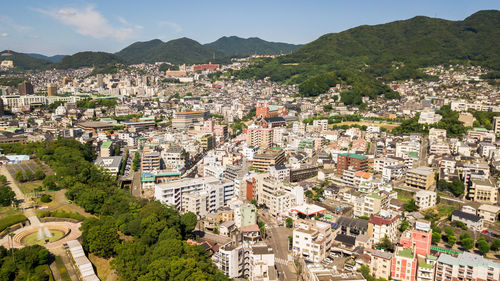 High angle view of town against sky