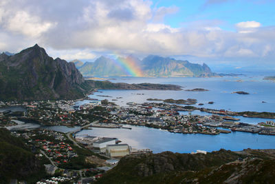 Scenic view of sea and mountains against sky