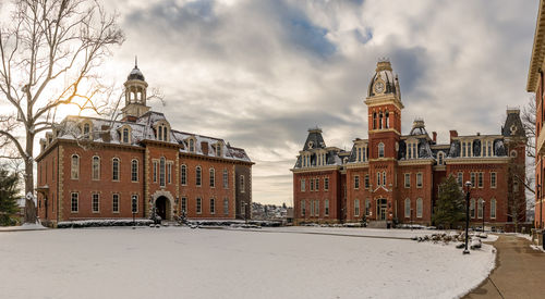 Buildings in city during winter