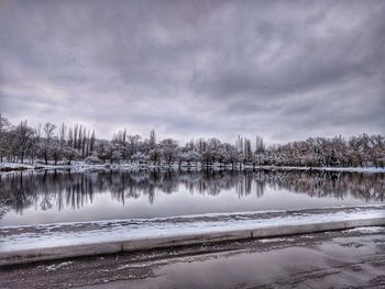 Scenic view of lake against sky during winter