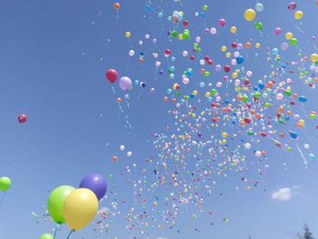 Low angle view of multi colored balloons flying against blue sky