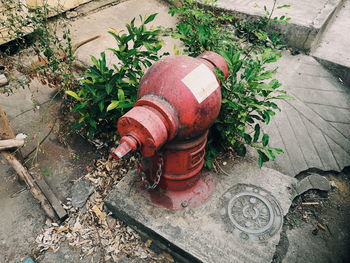 High angle view of fire hydrant in yard