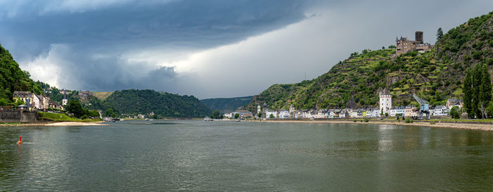 Sankt goar and the river rhine. above sankt goar the castle katz.