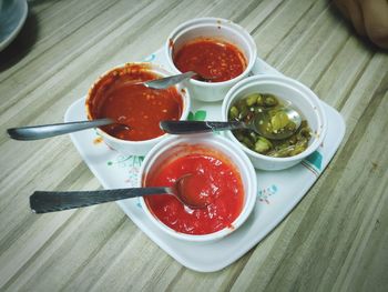 High angle view of meal served on table