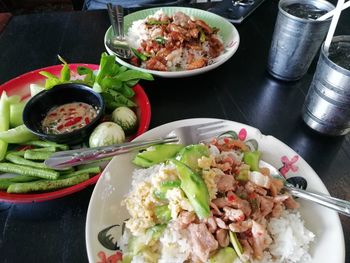 High angle view of meal served on table