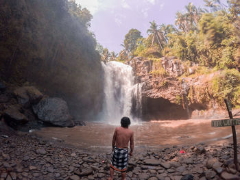 Rear view of man looking at waterfall