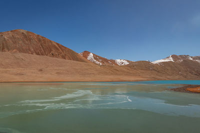 Scenic view of lake by mountains against blue sky