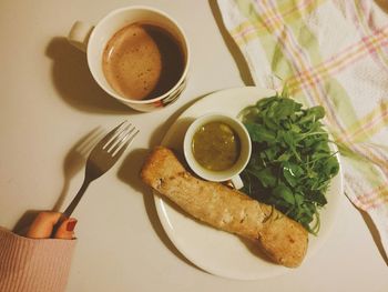 High angle view of breakfast served on table