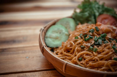 High angle view of noodles in plate on table