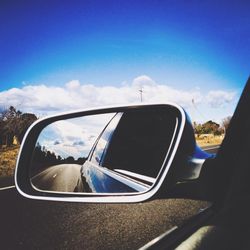 Reflection of trees in side-view mirror