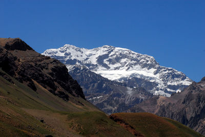 Scenic view of snowcapped mountains against clear blue sky