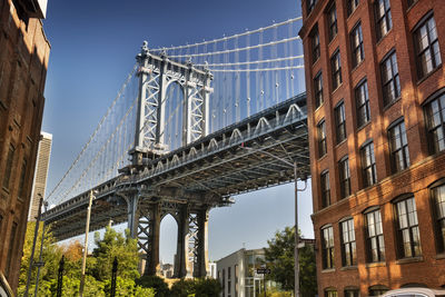 Low angle view of bridge and buildings against sky