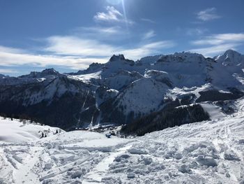 Scenic view of snowcapped mountains against sky