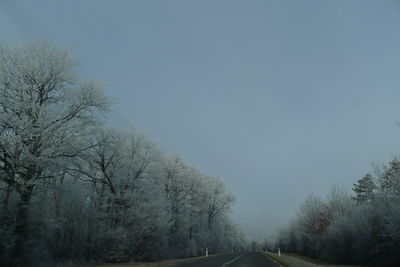 Road amidst bare trees against clear sky