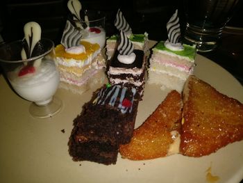 Close-up of cake served on table