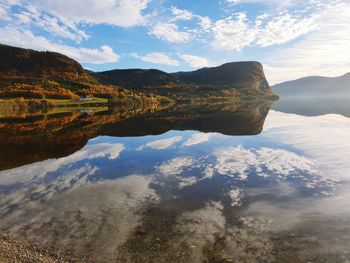 Scenic view of lake and mountains against sky