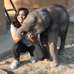 Full length of smiling young woman with elephant calf at zoo