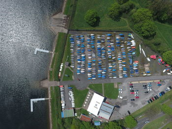 Aerial view of boats moored at harbor