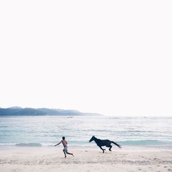 Silhouette man on beach against clear sky