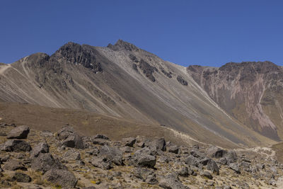 Scenic view of arid landscape against clear blue sky