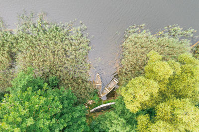Aerial view of green forest, lake and wooden fishing boats.