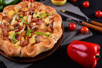 High angle view of pizza on table