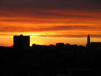 Silhouette of buildings at sunset