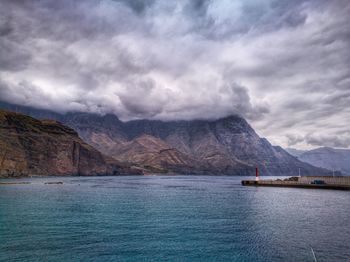 Scenic view of lake against cloudy sky