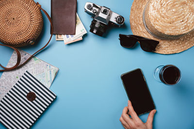 High angle view of personal accessories on table