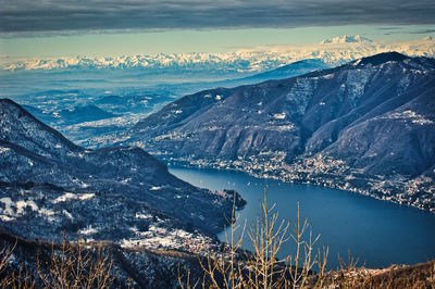 Aerial view of lake by snowcapped mountains against sky