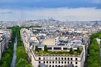 High angle shot of townscape against sky