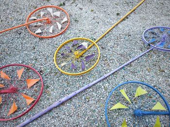 High angle view of bicycle wheel on street