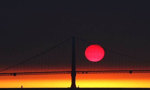 Low angle view of suspension bridge against sky during sunset