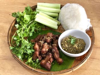 High angle view of food served on table