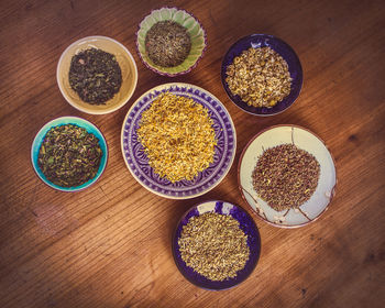 High angle view of multi colored bowl on table