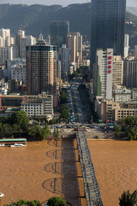 High angle view of buildings in city