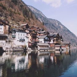 Houses at hallstatt with reflection in hallstatter see