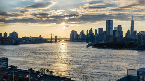 City at waterfront during sunset