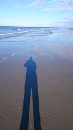 Shadow of man on beach against sky