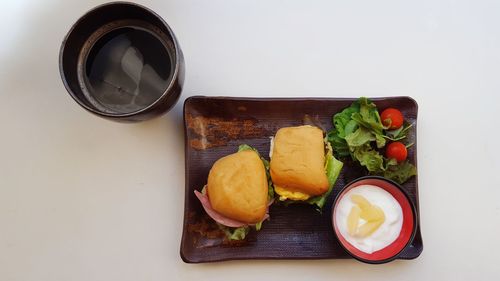 High angle view of breakfast on table