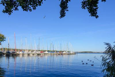 Waterside of harbour, pier and sailboats at wannsee lake and havel river in berlin, germany.