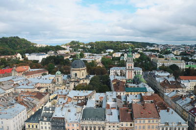 High angle view of houses in town