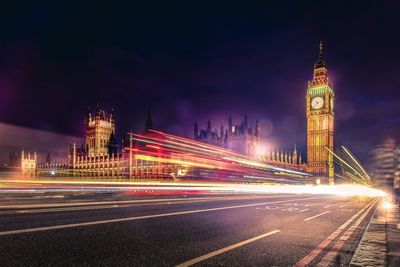 Light trails on road at night