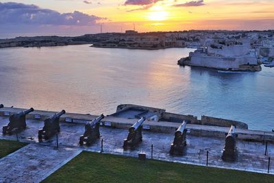 High angle view of sea during sunset