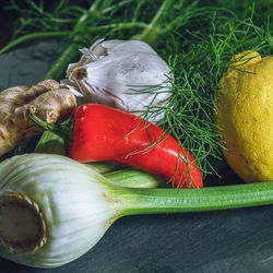 High angle view of vegetables on table